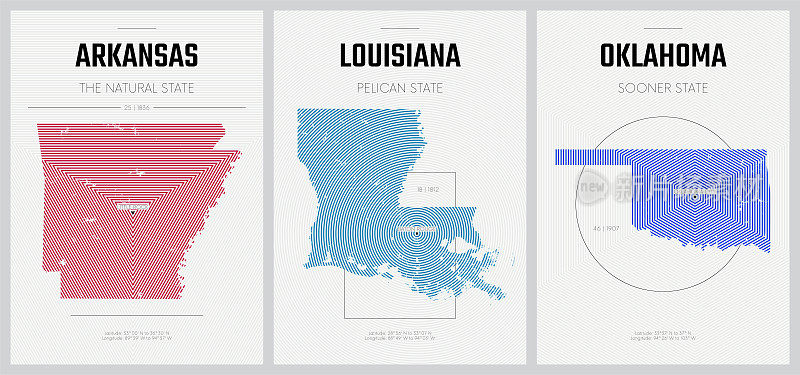 矢量海报详细的轮廓地图的美国与抽象的线性模式，分部西南中央-阿肯色州，路易斯安那州，俄克拉何马州-设置12 17